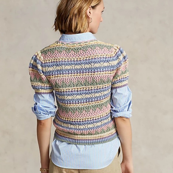 Ralph Lauren Crocheted Knit Sweater Top Crewneck Tee Pastel Vintage Striped S - Picture 4 of 14